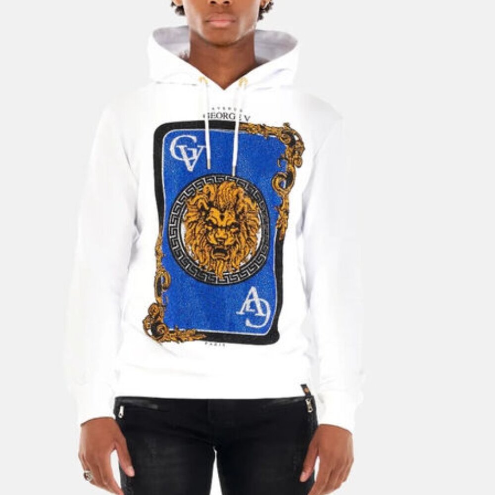 Avenue George V Paris White Hoodie Lion Rhinestone Men's Sweatshirt Small